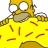 Pixelated yellow cartoon character with large white eyes, brown nose, and open mouth holding a beer mug, wearing a yellow shirt with red splatters.