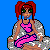 Pixelated character with red pigtails sits on a gray couch, wearing pink top and pants against blue background.