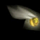 Two side-by-side frames of a pixelated animated icon showing a white winged object with a golden circular element against a black background.