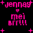 Pixelated pink text and symbols on black background with animated star bursts, featuring 'jennay' and 'mei Brr!!!' repeated in four quadrants.
