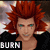 Pixelated character with spiky red hair and teal eyes, wearing black top, displayed in four- with text labels