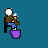 Animated contact sheet showing a pixel art character with white hair and brown clothing sitting on a black chair, holding a purple bucket, with text "anchho ooo." appearing in later frames.