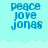 Pixelated text 'peace jove jonas' in blue on light cyan background with white wave-like border, repeated