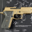 Pixelated image of a light brown handgun with dark gray grip against a dark gray background with scattered light gray pixels.