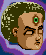 Pixelated character head with green afro hair, brown skin tone, and a forehead symbol alternating between green square and brown circle.