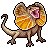 Pixelated lizard-like creature with brown and orange body, large ears, open mouth showing pink interior, and curled tail on gray background.