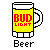Pixelated yellow beer mug with red 'BUD LIGHT' text, white foam top, and handle, set against gray background with text below.