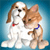 Pixelated image of two animals: a white dog with brown ears and a red collar, and a light brown cat with a blue collar, positioned closely together against a blue gradient background.