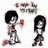 Pixelated cartoon characters with dark hair and red accents on a white background, accompanied by red pixelated text on black backgrounds.