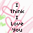 Pixelated text reads "I Think I Love You" over pink heart outlines and green leaf shapes on a white background.