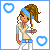 Pixel art buddy icon featuring a female character with brown braided hair and blue headband, holding a small object, surrounded by heart symbols on white background, next to text elements on light blue background.