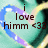 A heart-shaped icon with a teal background and blue-purple outline, featuring text that changes from "i love himm <33" to only the heart shape.
