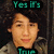 A pixelated image of a person with curly hair wearing a gray jacket, with text overlays changing across frames.