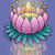 Pixelated pink lotus flower with teal leaves and golden candle-like elements atop, set against a blue background with a subtle reflection below.