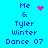 Pixelated blue background with repeated text and animated pink symbols, showing two identical layouts of "Me & Tyler Winter Dance 07" text blocks. The description is one complete literal 20-50 word sentence. Put additional literal detail in denseCaption instead of extending description.