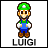 A 4x4 contact sheet of pixel art frames showing Luigi from the Mario series in various poses with consistent text below each frame.