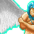 Pixelated character with brown hair and blue hooded cloak holding a glowing cyan sword against gray and white background