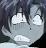 Pixelated grayscale image of a character with large eyes and a wide smile, set against a dark background with light cloud-like shapes.