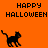 Pixelated black cat walking on orange background with 'HAPPY HALLOWEEN' text in four positions.