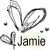 Pixelated grayscale icon with heart-shaped wings and floating hearts, featuring the name 'Jamie' in stylized text below.