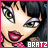 A 48x48 pixel animated contact sheet showing two frames of a Bratz doll character with dark hair, green eyes, purple eyeshadow, and red lips against a pink border.
