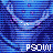 Blue and purple pixelated background with repeated curved shapes and white dotted lines, overlaid with 'PSOW' text in white and purple.