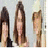 Three pixelated figures with long brown hair stand side-by-side against a light gray background, each in distinct poses and clothing styles.