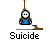Pixel art icon of a hanging figure with white face and blue clothing, suspended by brown rope over a noose loop on gray background.