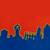 A 4x4 contact sheet of animated frames showing a cityscape silhouette with changing text above it on an orange background, transitioning from partial to full band name "ALKALINE TRIO".