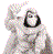Pixelated figure in white and gray attire with a black circular emblem on chest, holding a colorful pixel cluster above head against light gray background.