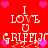 Red background with repeated white text "I LOVE U" and "GRIFFIN" surrounded by pink hearts, no visible animation changes.