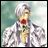 Pixelated character with short gray hair holds a red rose with green leaves against a blurred greenish background.