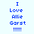 Blue pixelated text on light blue background reads "I Love Allie Garst !!!!!" in three vertical with a gray rectangle at bottom right