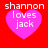 Four identical pixelated heart icons with text 'shannon loves jack' on a red background, each with slight variations in heart shape and text clarity.