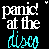 Pixelated text logo animation showing "panic! at the disco" with cyan and white color variations across frames on a black background.
