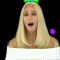 A blonde woman in a white off-shoulder top with angel wings, displaying multiple facial expressions and hand gestures against a black background with colored lights.