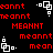 Red pixel text and white geometric shapes on a black background, with repeated patterns of 'meannt' variations and square-based icons.