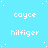 Pixelated text labels 'cayce' and 'hilfiger' repeat across a light blue background with scattered white dots, forming a pattern