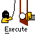Animated sequence of a cartoon figure with black head and yellow body performing actions on a white ball attached to brown poles, with 'Execute' text below.