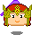 Pixel art character with red headpiece, green helmet-like adornment, and purple accents; four variations show subtle facial expression changes.