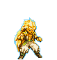 Pixel art character with spiky golden hair in multiple poses, some with white outlines, on a solid gray background.