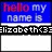 Pixelated graphic with blue background displaying 'hello my name is' in pink and white text above black bar containing 'elizabeth<3=' in white pixel font.