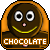 Pixelated cartoon character with brown face, white eyes, pink nose, yellow smile, orange border; text "CHOCOLATE" below in white block letters.