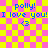 Pixelated text and symbols on a pink-yellow checkered background with two identical repeated sections.