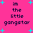 Pixelated text 'im the little gangstar' repeated across a bright pink background with cyan star shapes, no visible animation changes.