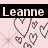 A static contact sheet of two identical frames showing a pink-themed buddy icon with the name 'Leanne' and multiple heart symbols on a light background.