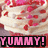A cupcake with white frosting and red sprinkles appears in four , each displaying 'YUMMY!' text in different colors