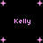 Black background with pink pixelated text 'Kelly' repeated four times and scattered pink plus signs in a static arrangement.