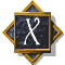Four diamond-shaped icons with golden borders display a white stylized 'X' on dark textured backgrounds, each showing different animation frames.