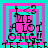 Pixelated text and symbols in cyan, pink, black, and white arranged within nested square borders on a cyan background.